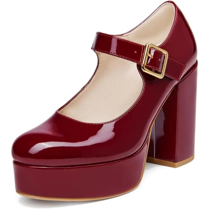 Women's T-Strap Round Toe Chunky Platform Heels