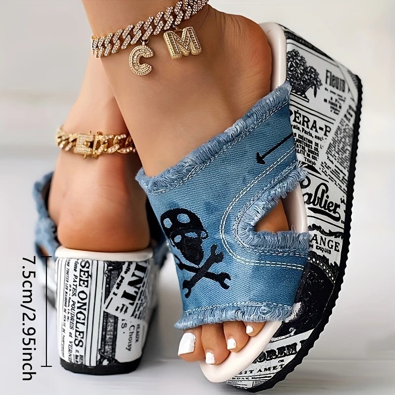 Skull Print Tassel Denim Open Toe Sandals