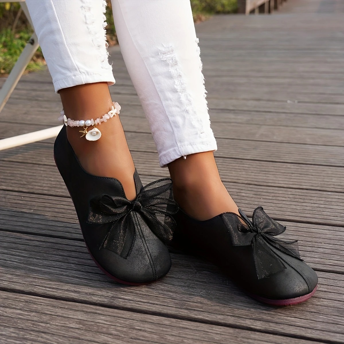 Women's Leather Bowknot Slip-On Flats