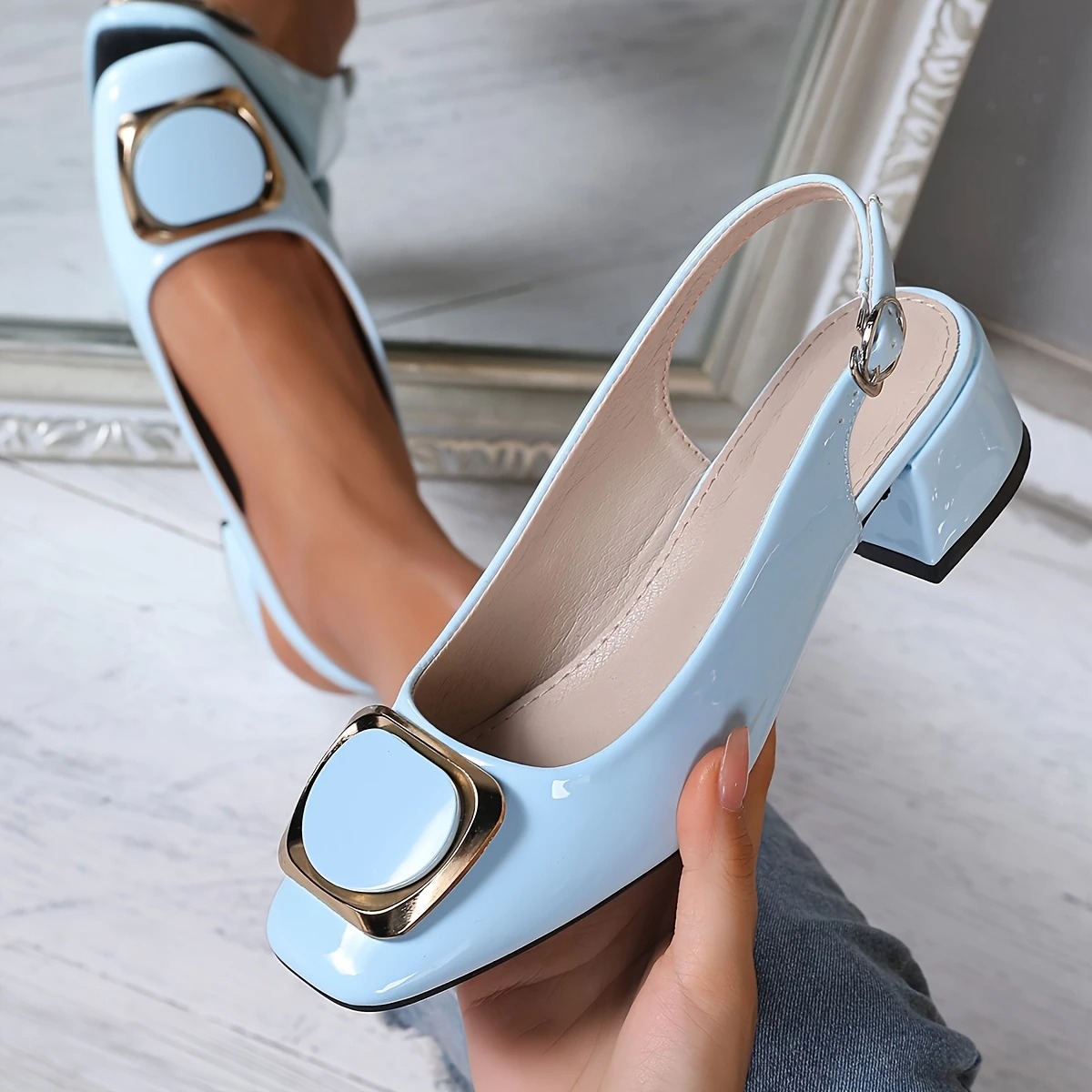 Women's Square Toe Low Block Heel Flats