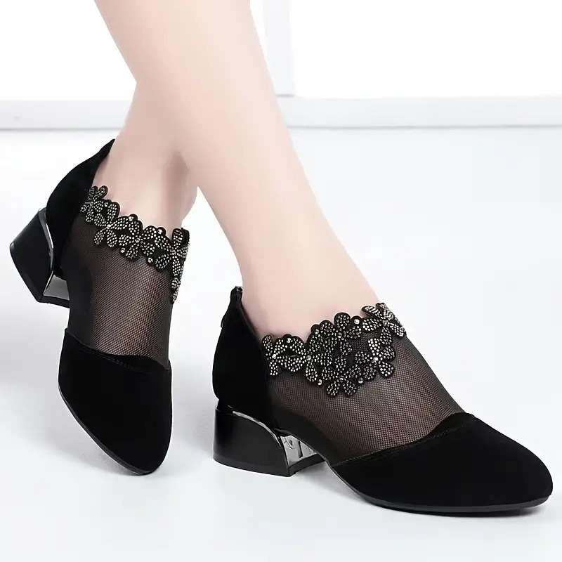 Women's Flower Rhinestone Mesh Block Heels