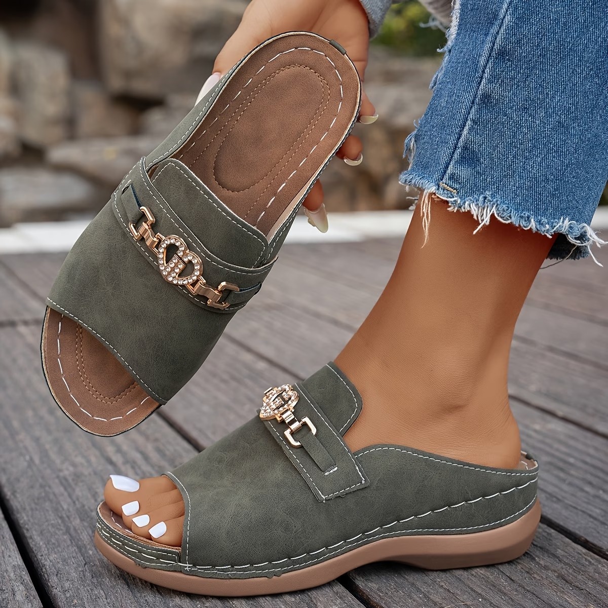 Women's Heart Rhinestone Wedge Sandals