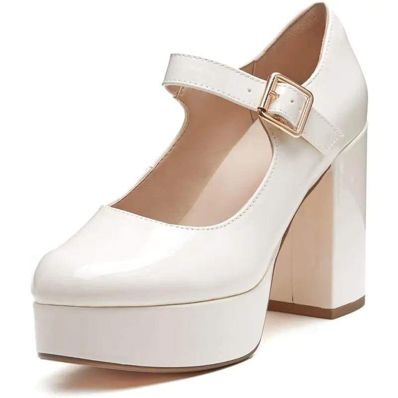 Women's T-Strap Round Toe Chunky Platform Heels