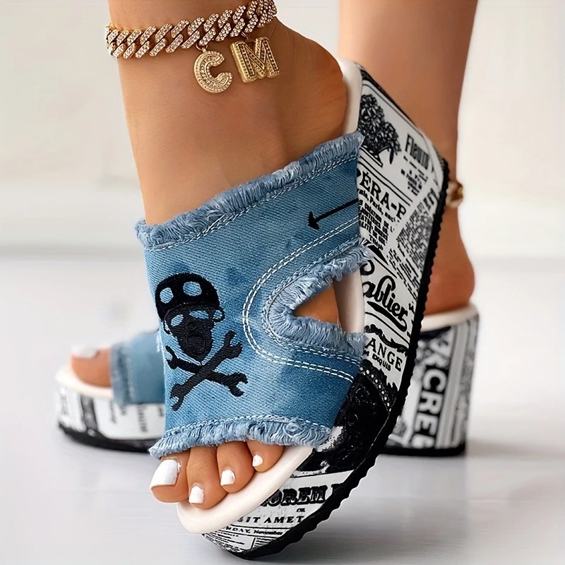 Skull Print Tassel Denim Open Toe Sandals