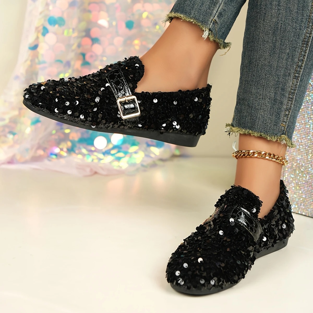 Women's Sequin Decorative Round Toe Flats