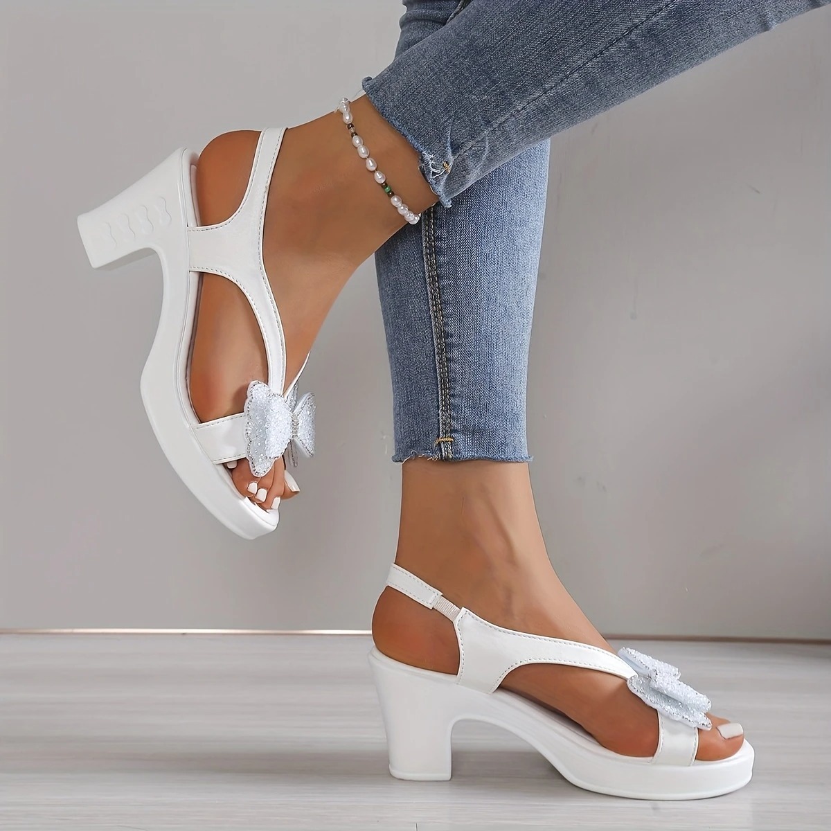 Women's Rhinestone Bow Heel Sandals