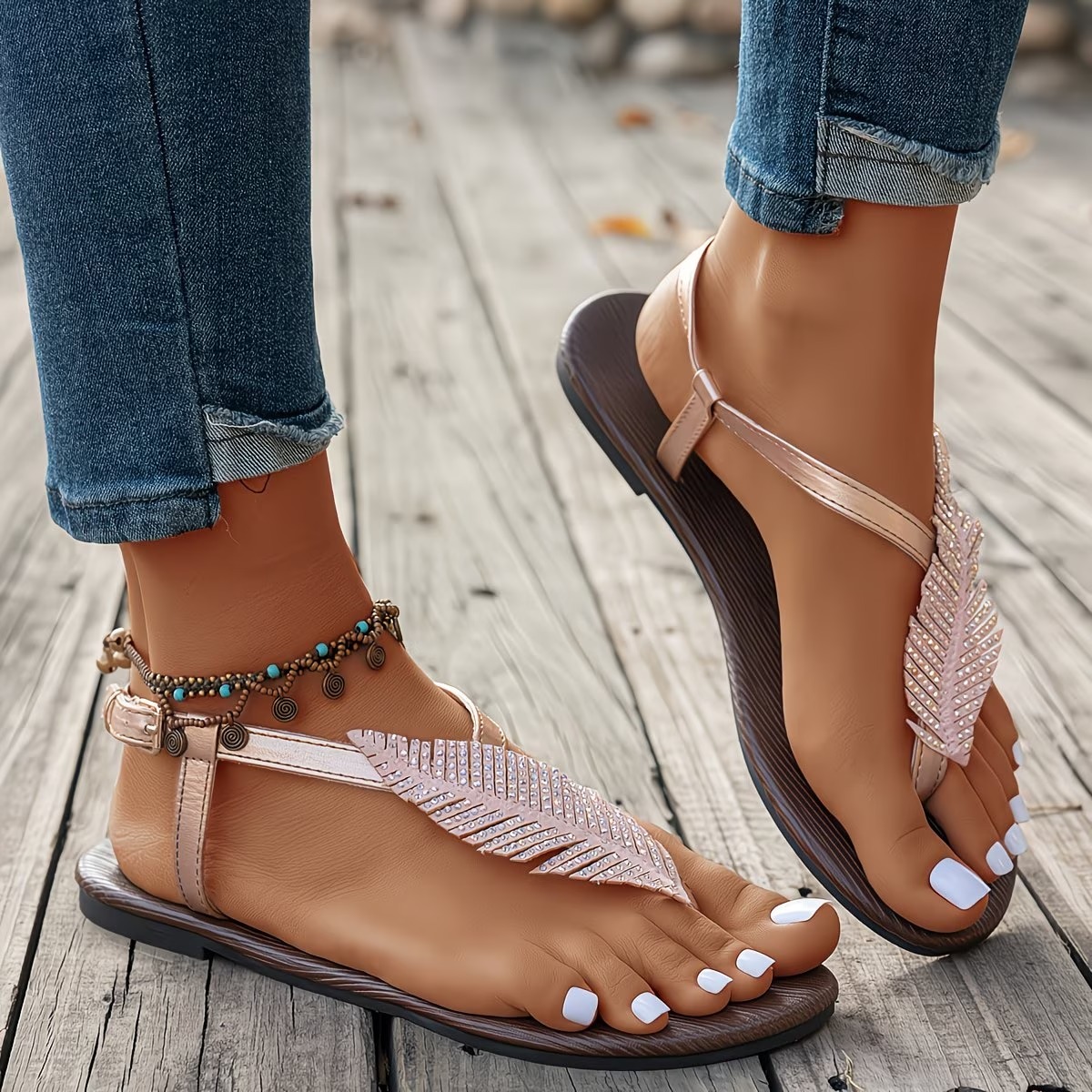 Women's Leaf-shaped Rhinestone Sandals