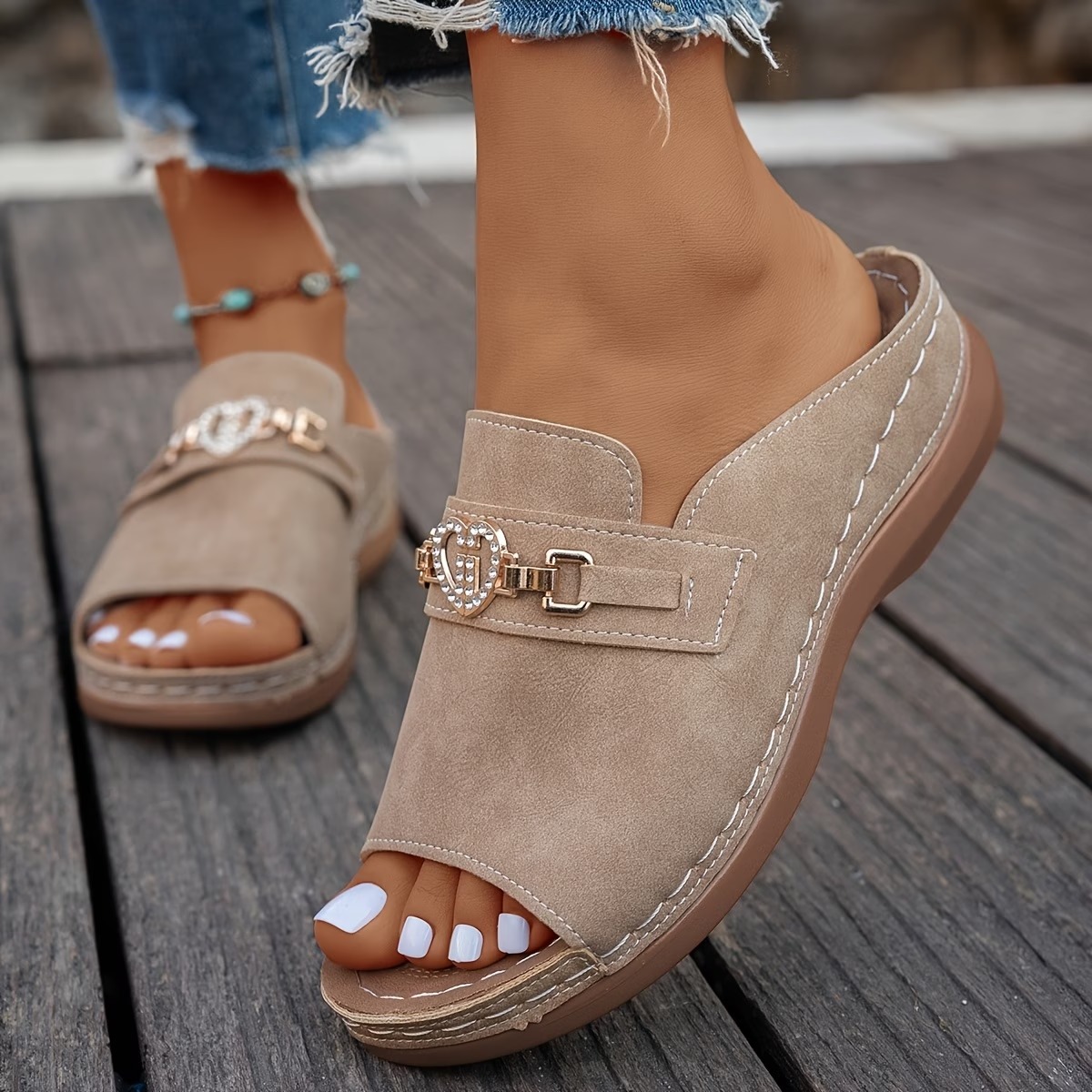 Women's Heart Rhinestone Wedge Sandals