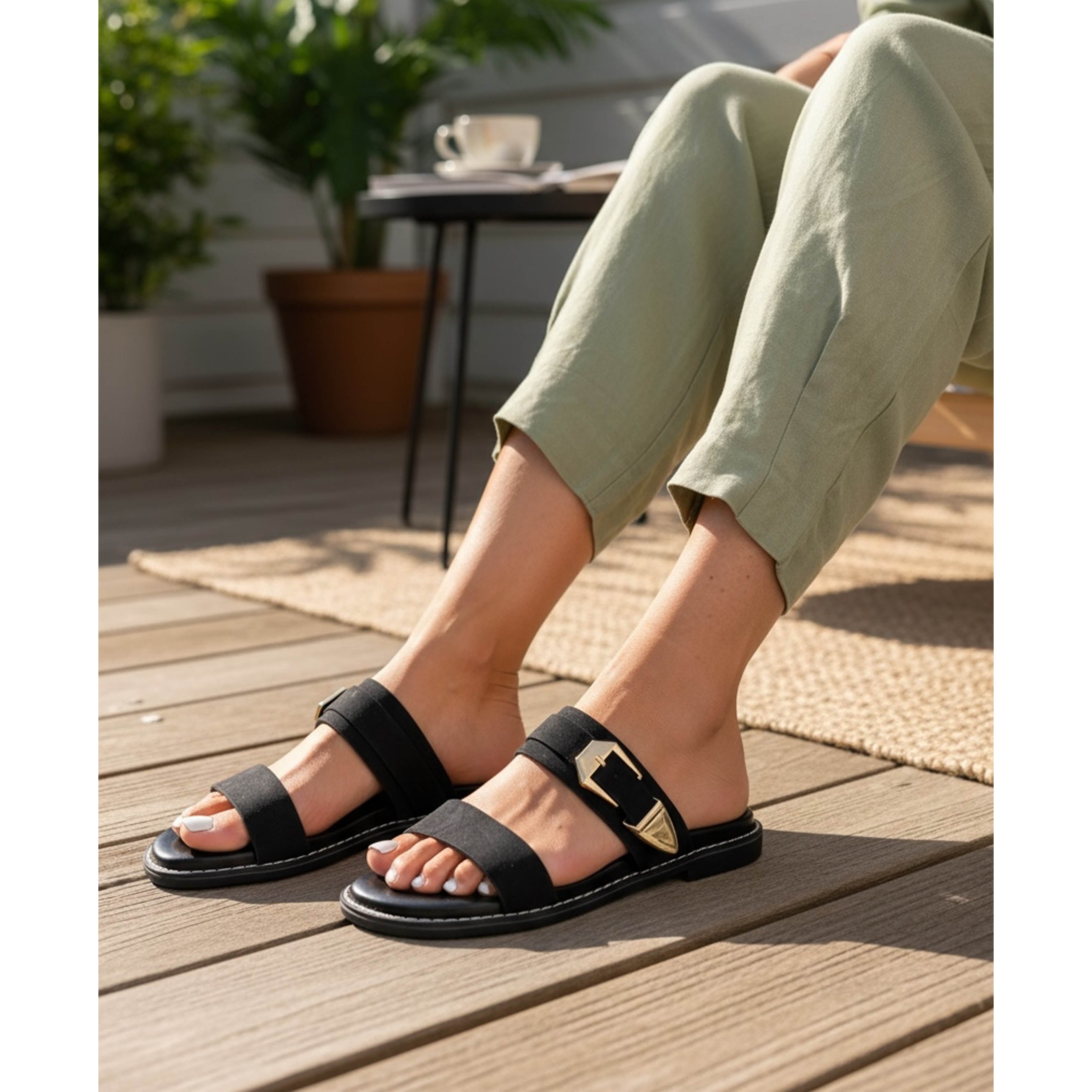 Buckled Flat Open Toe Slip-On Sandal
