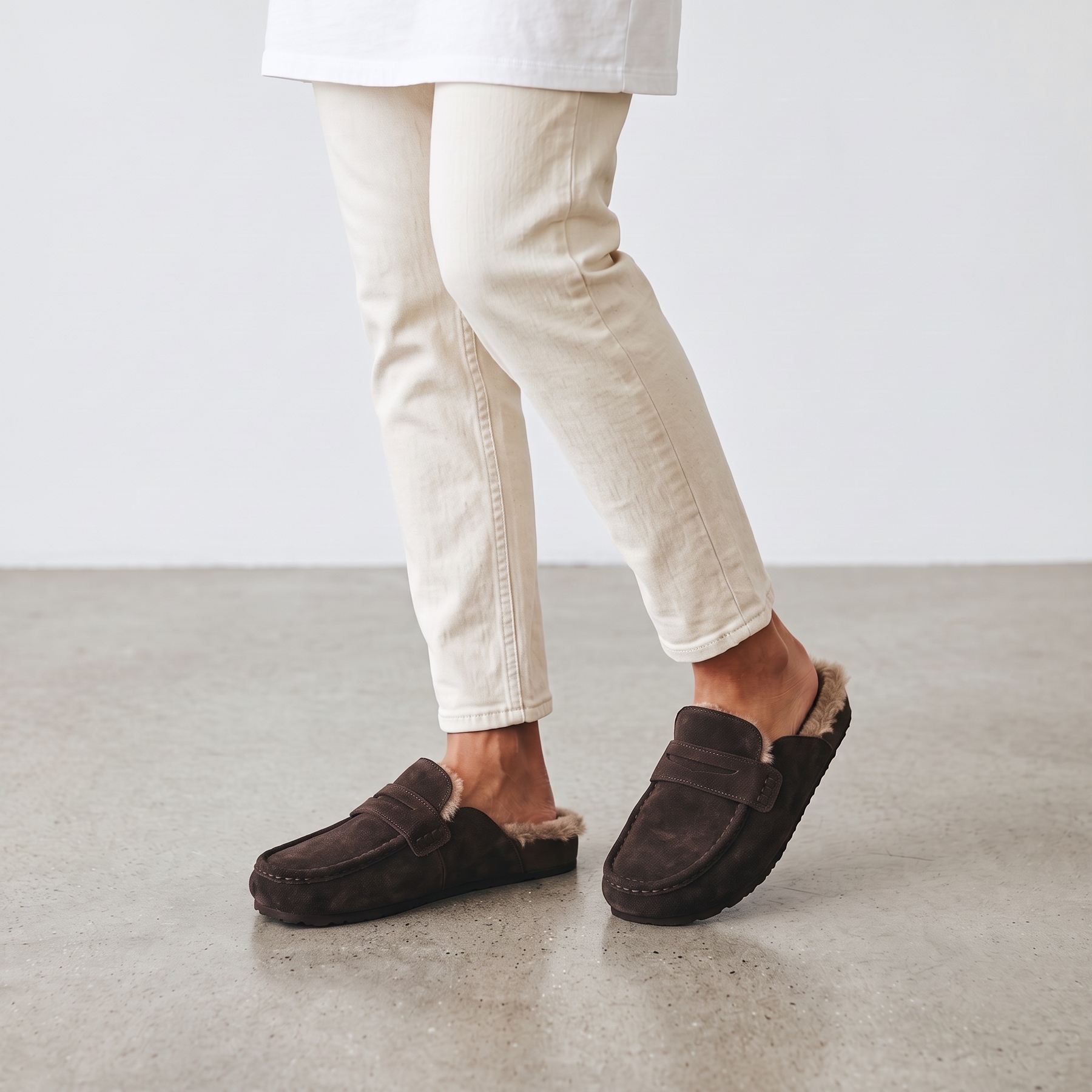 Cow Suede Leather Fur Lined Flat Loafers