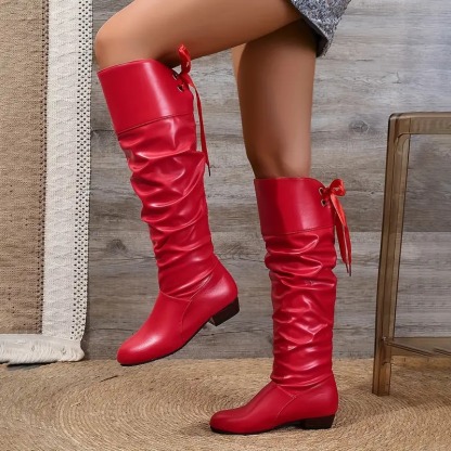 Bowknot Leather Square Heel Long Boots