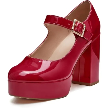 Women's T-Strap Round Toe Chunky Platform Heels