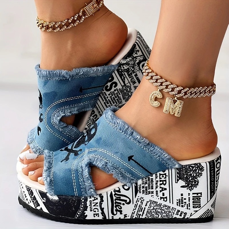 Skull Print Tassel Denim Open Toe Sandals