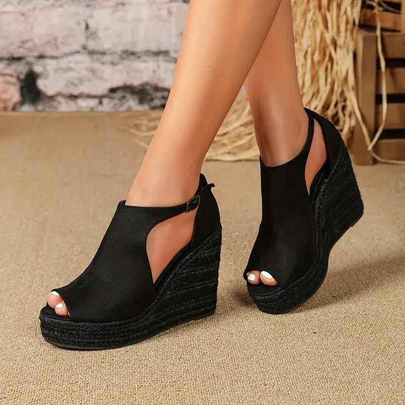 Elegant Black Cover Espadrille Wedge Sandals