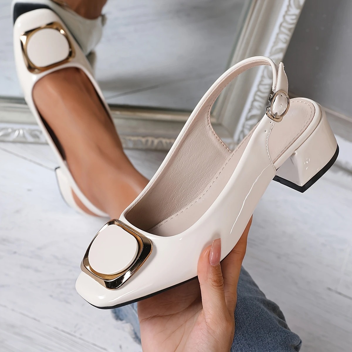 Women's Square Toe Low Block Heel Flats