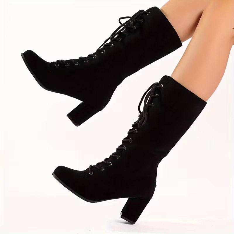 Women's Solid Color Lace-Up Boots