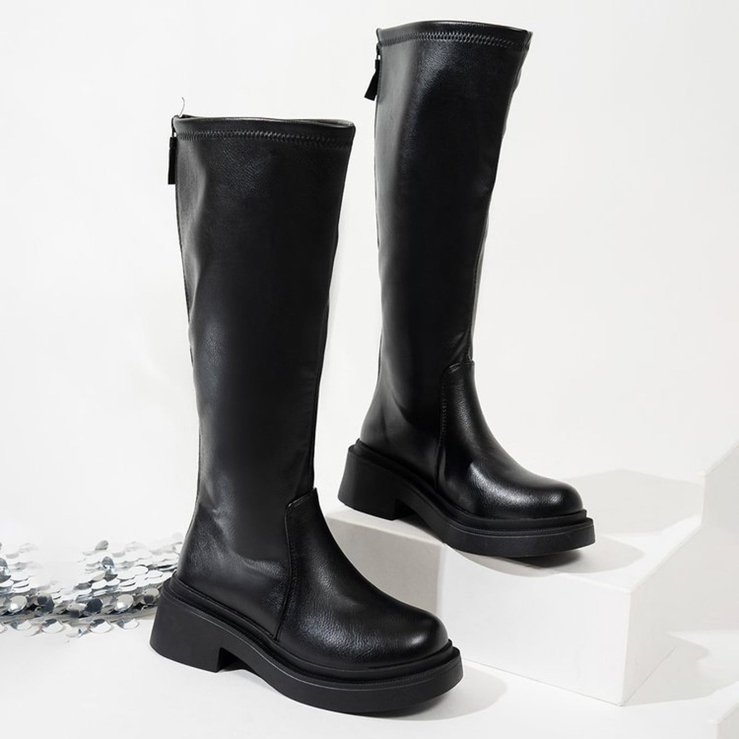 Knee-Length Thick Heel Leather Boots