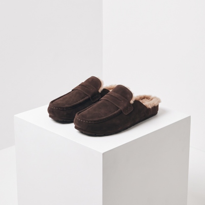 Cow Suede Leather Fur Lined Flat Loafers