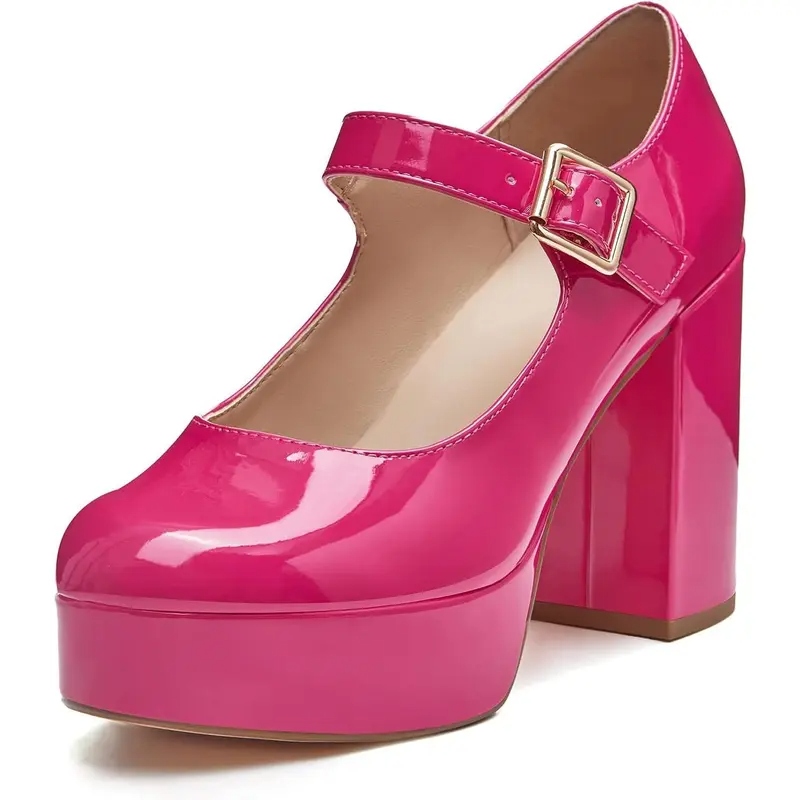 Women's T-Strap Round Toe Chunky Platform Heels