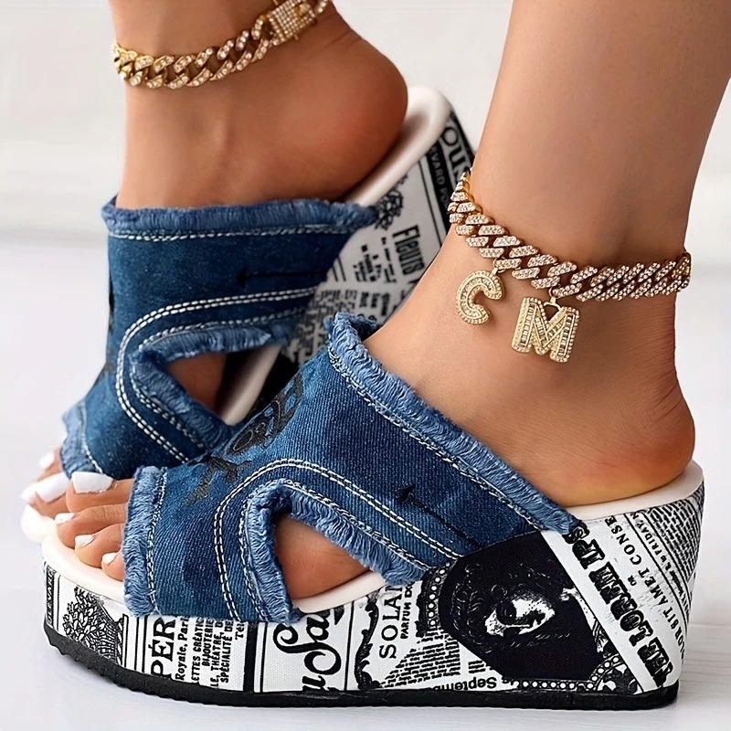 Skull Print Tassel Denim Open Toe Sandals