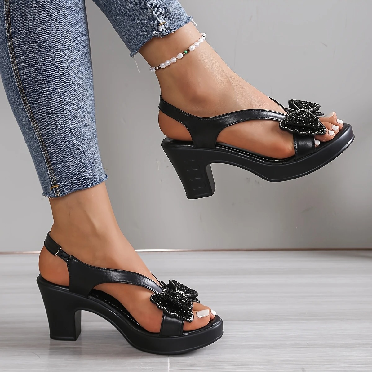 Women's Rhinestone Bow Heel Sandals