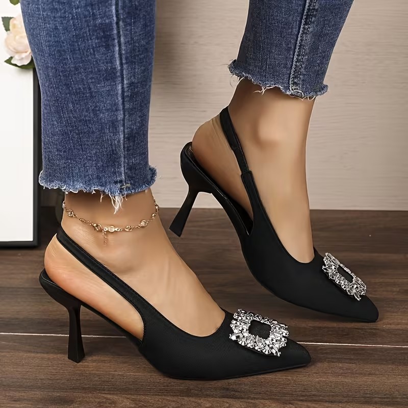 Square Buckle Rhinestone High Heel Sandals