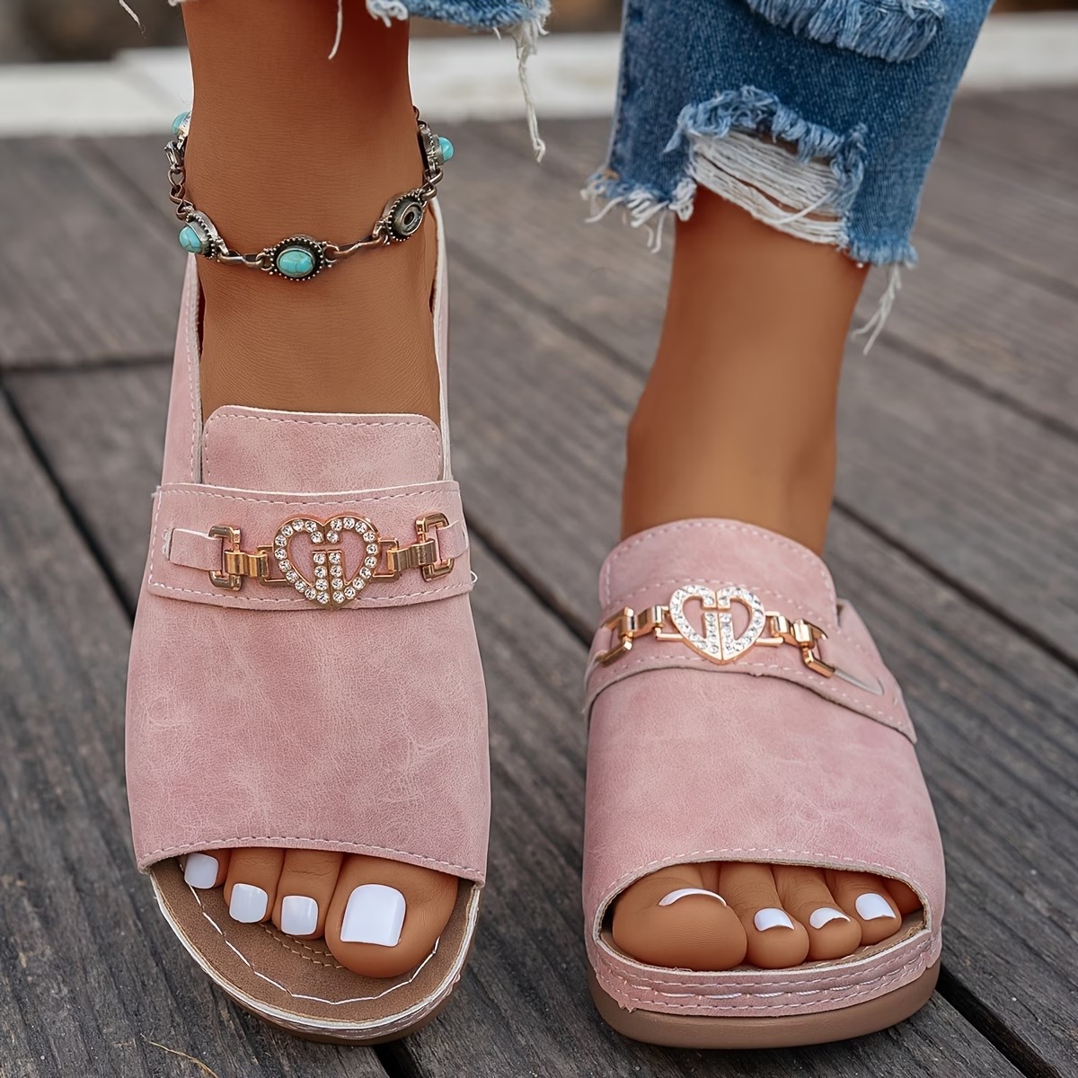 Women's Heart Rhinestone Wedge Sandals