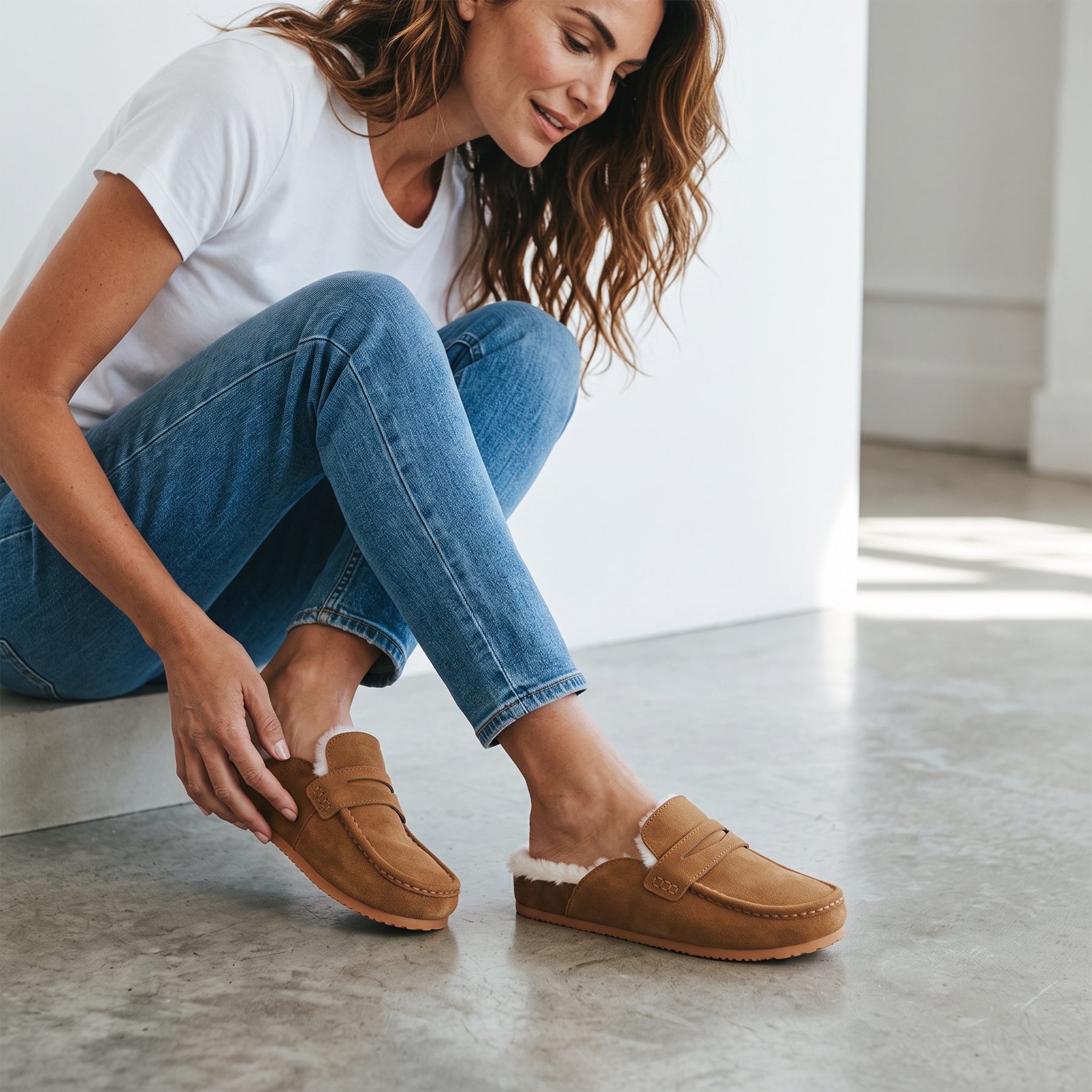Cow Suede Leather Fur Lined Flat Loafers