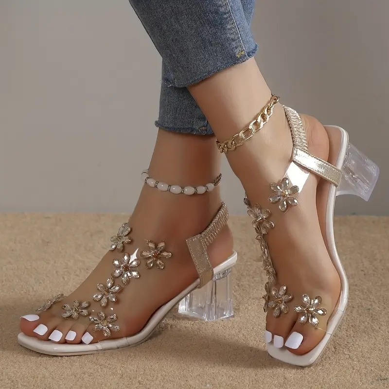 Flower Rhinestone Block Heel Sandals