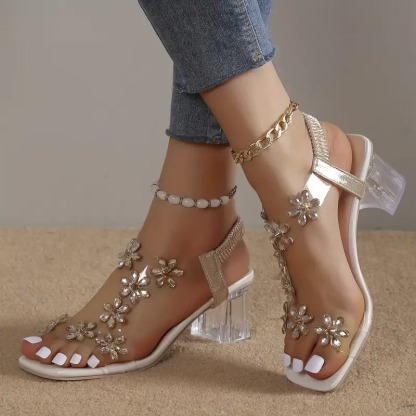 Flower Rhinestone Block Heel Sandals