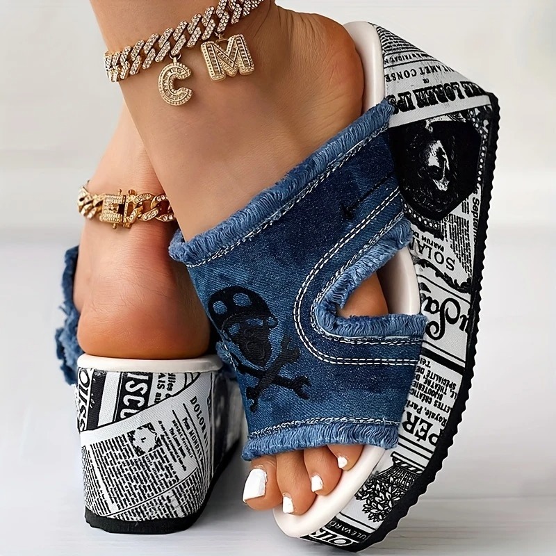 Skull Print Tassel Denim Open Toe Sandals