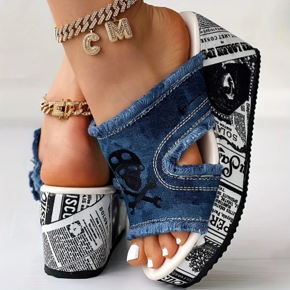 Skull Print Tassel Denim Open Toe Sandals