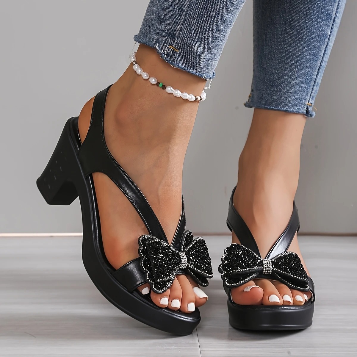 Women's Rhinestone Bow Heel Sandals