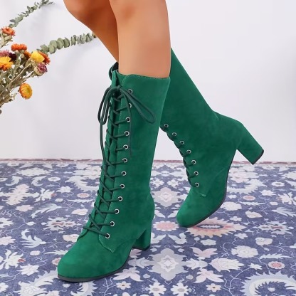 Women's Solid Color Lace-Up Boots