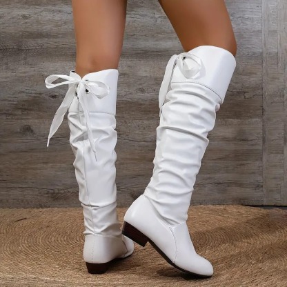 Bowknot Leather Square Heel Long Boots