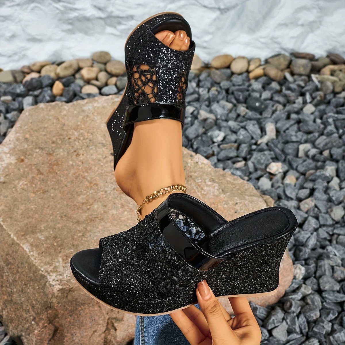 Elegant Lace Wedge Heeled Sandals