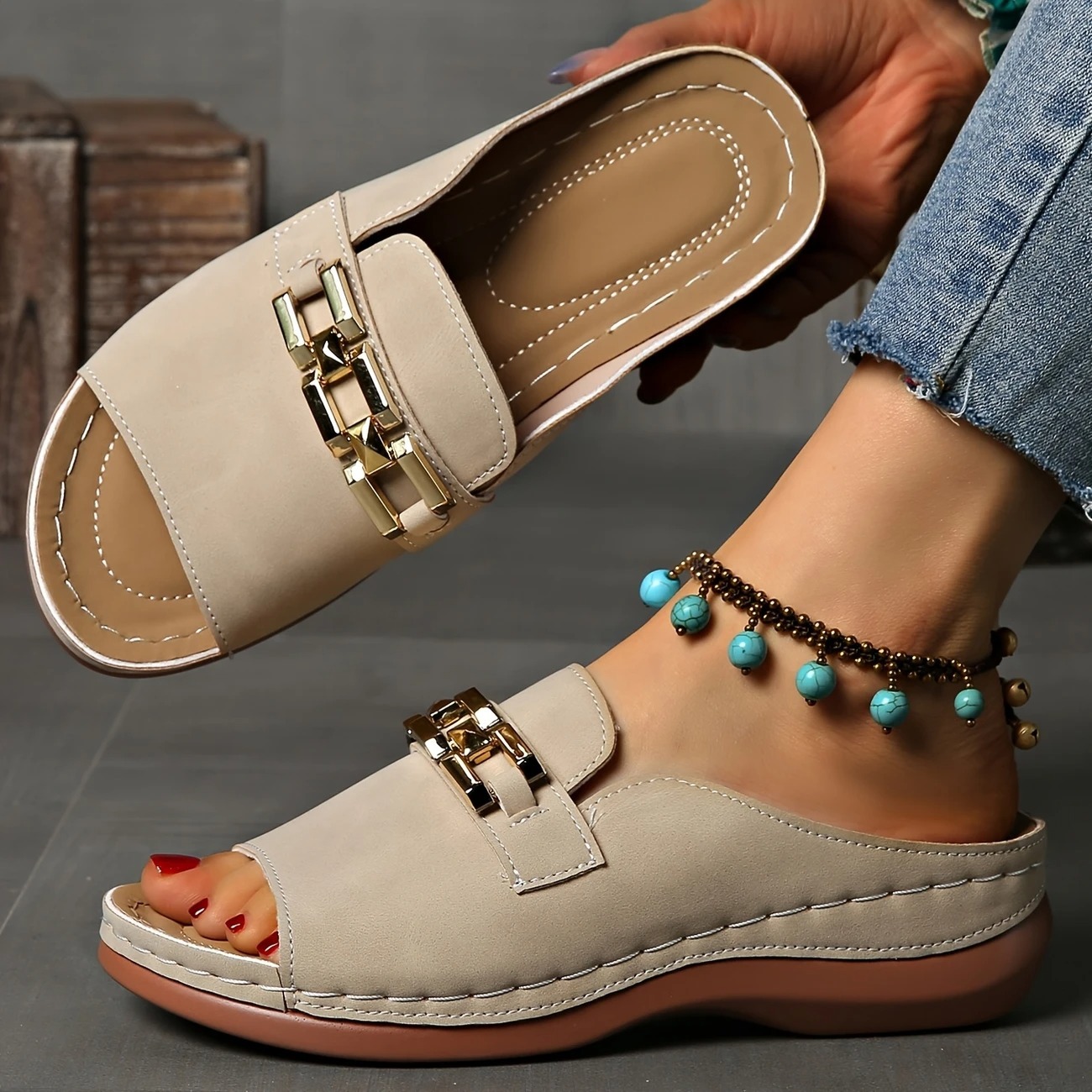 Women's Golden Buckle Slip-On Sandals