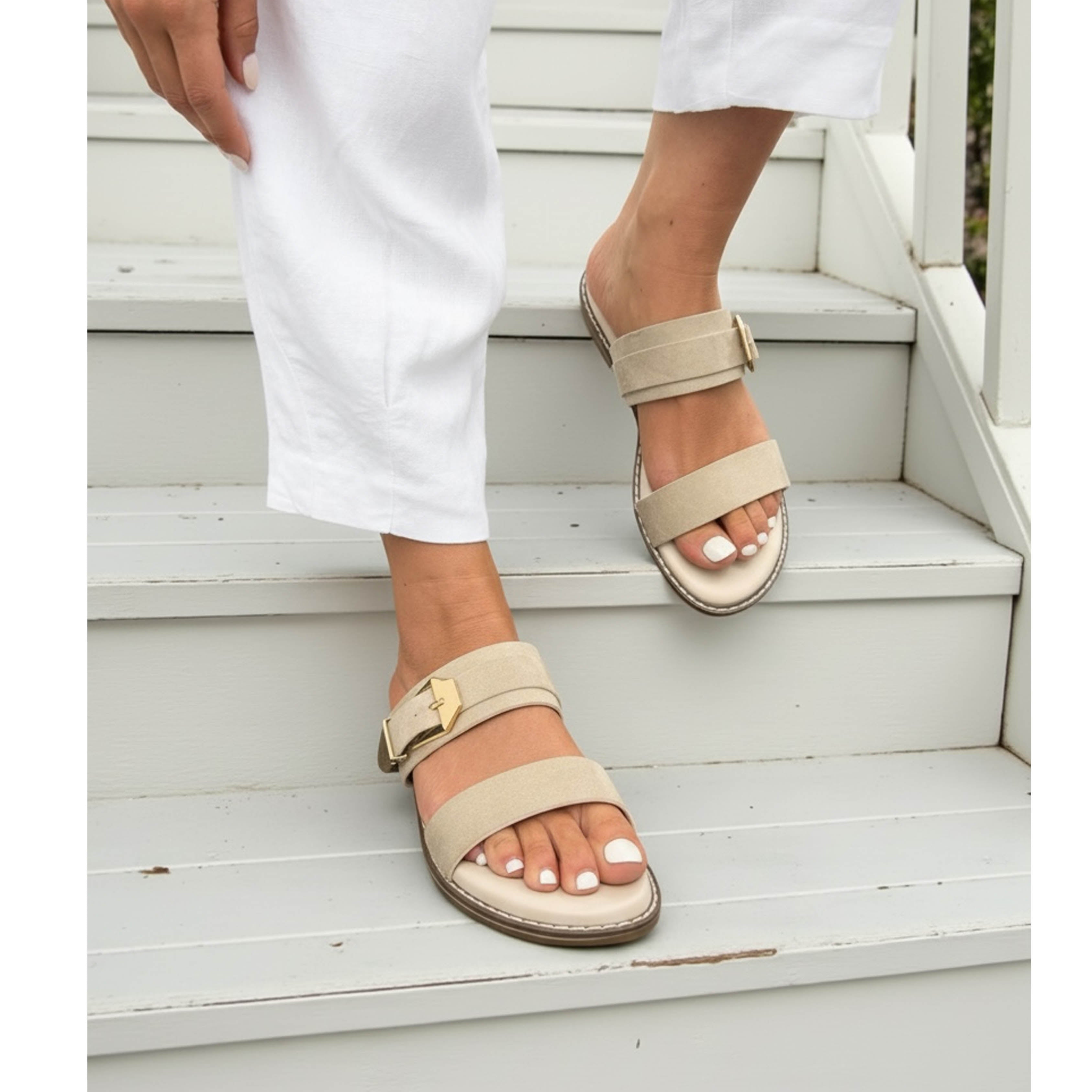 Buckled Flat Open Toe Slip-On Sandal