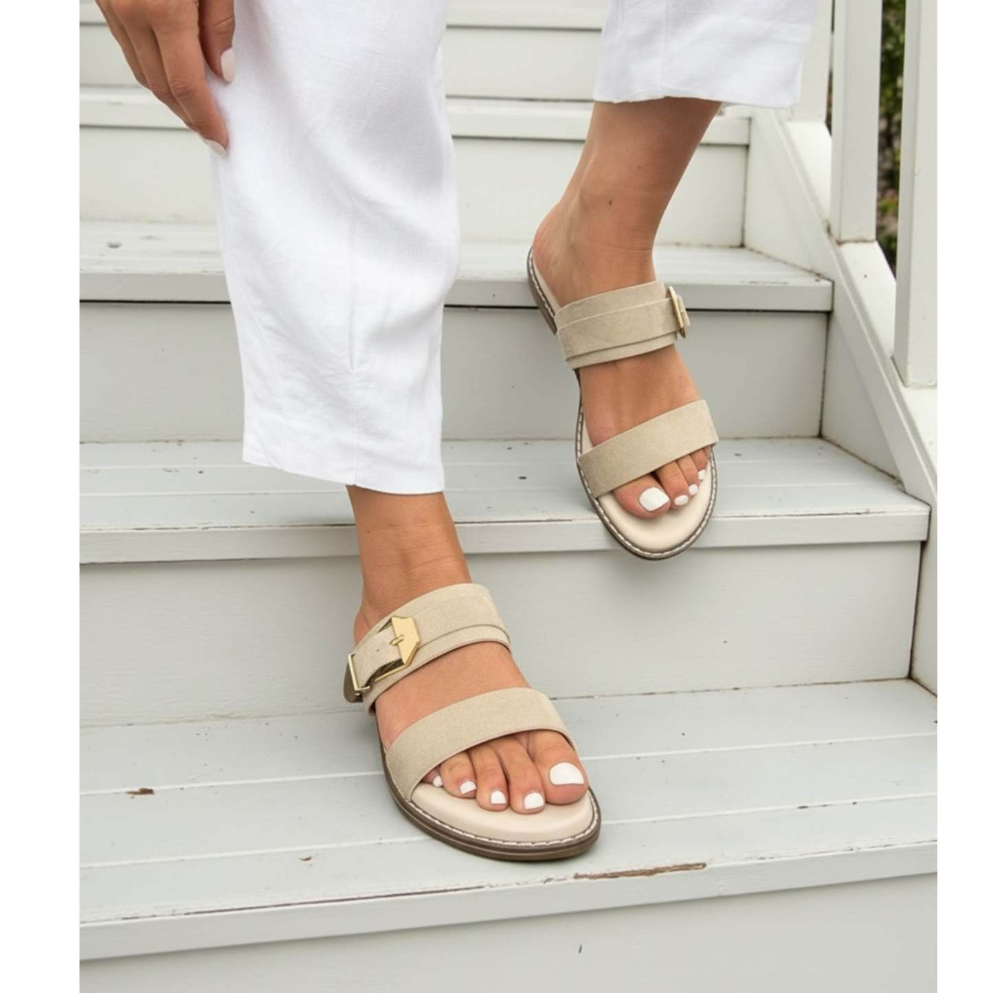Buckled Flat Open Toe Slip-On Sandal