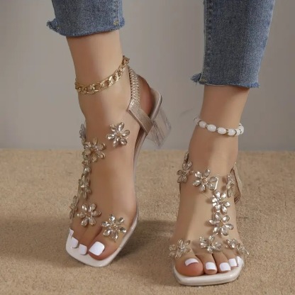 Flower Rhinestone Block Heel Sandals
