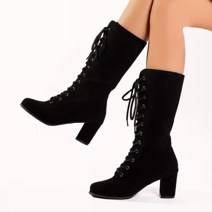 Women's Solid Color Lace-Up Boots