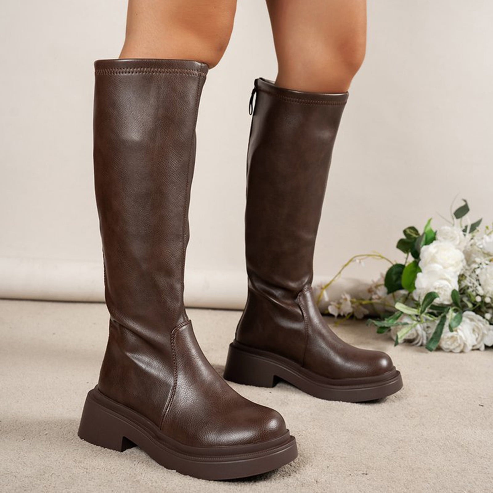 Knee-Length Thick Heel Leather Boots
