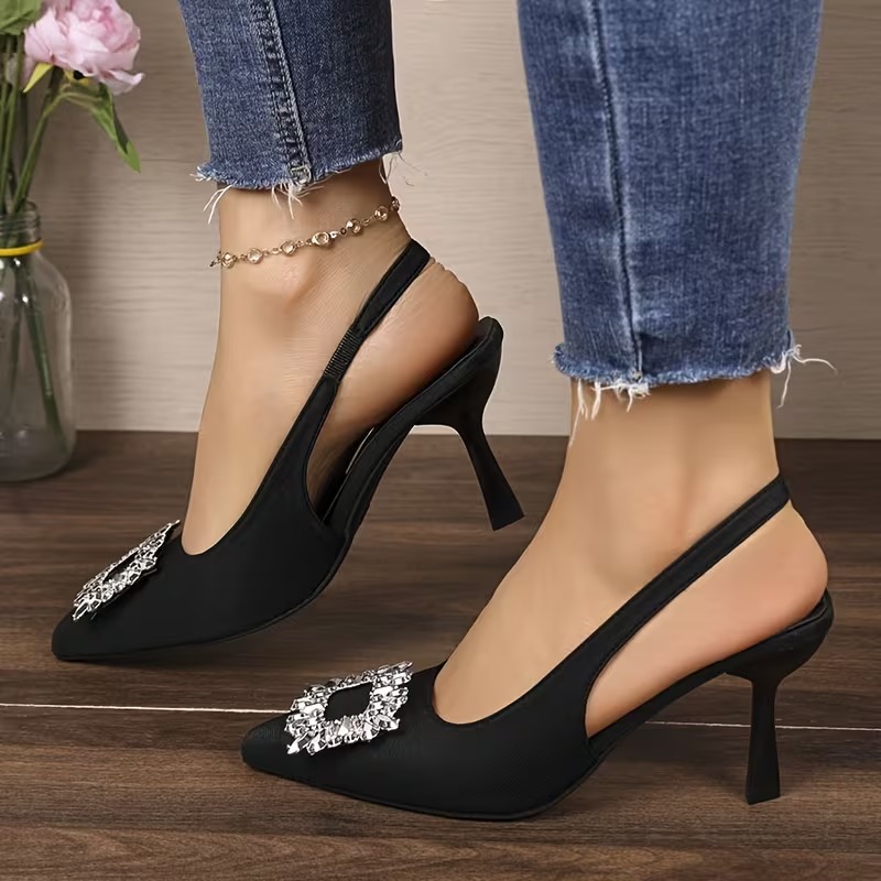 Square Buckle Rhinestone High Heel Sandals