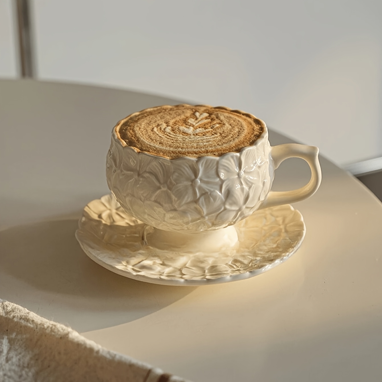 Embossed Floral Ceramic Teacup & Saucer Set