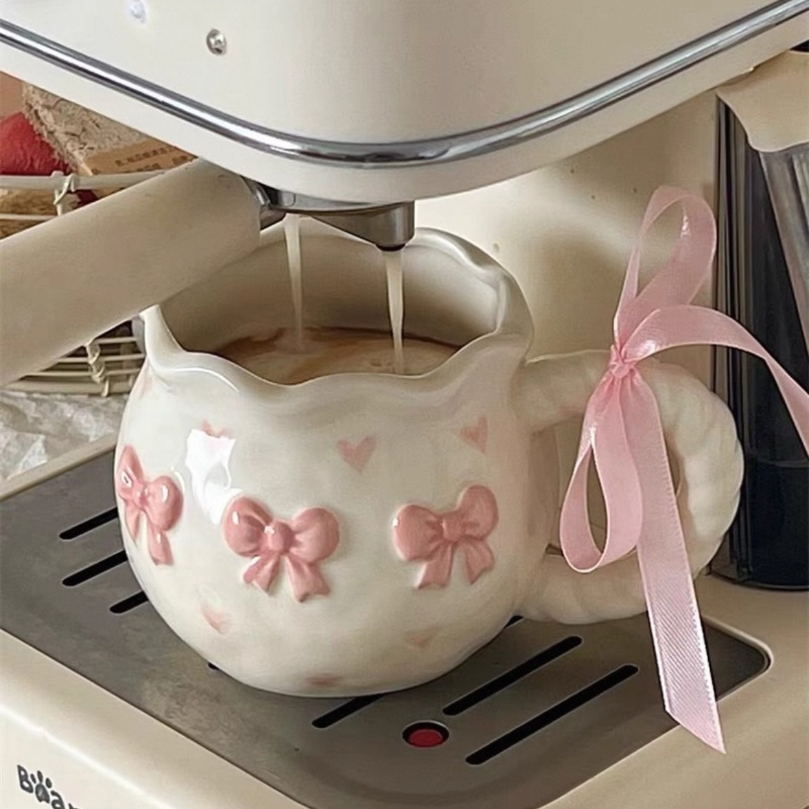 Pink Bow & Heart Embossed Ceramic Mug