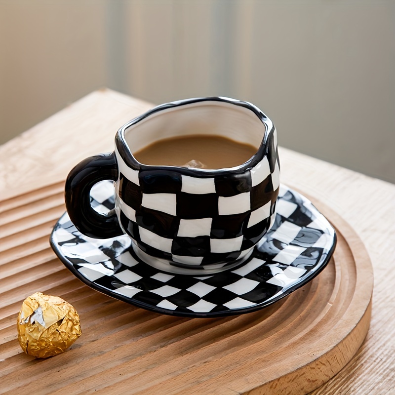 Black & White Checkered Ceramic Cup & Saucer Set