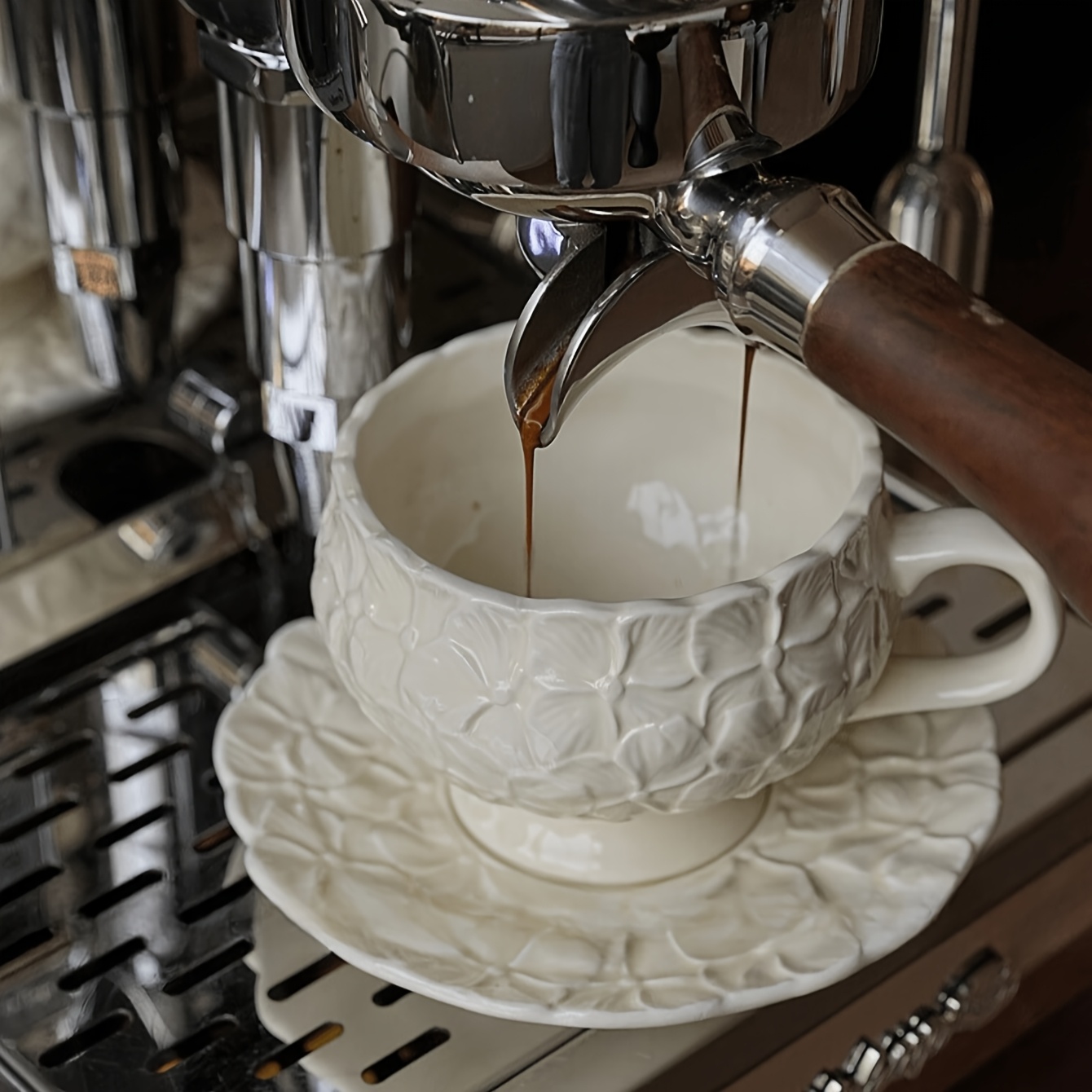 Embossed Floral Ceramic Teacup & Saucer Set