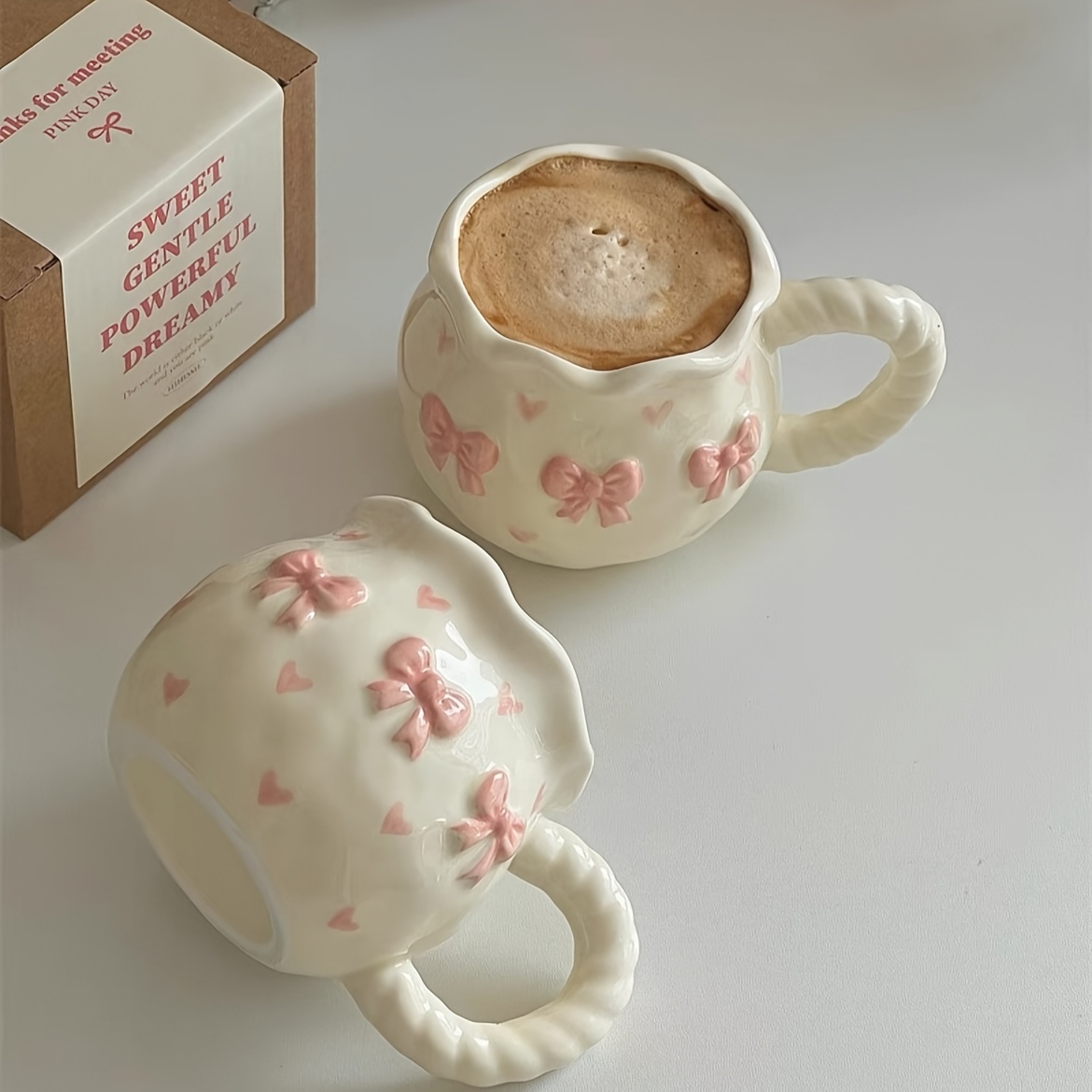 Pink Bow & Heart Embossed Ceramic Mug
