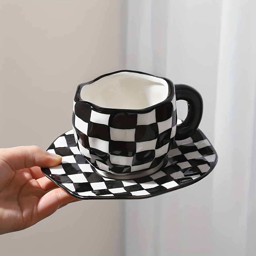 Black & White Checkered Ceramic Cup & Saucer Set
