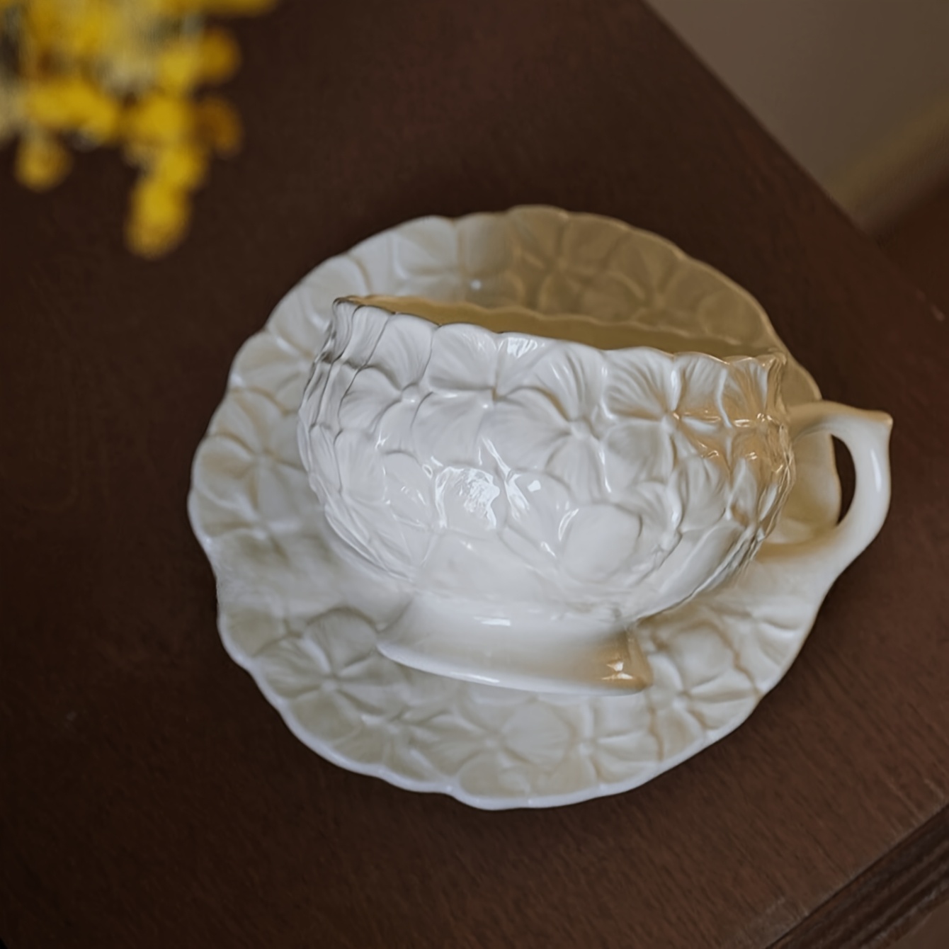 Embossed Floral Ceramic Teacup & Saucer Set